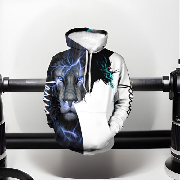 LION & JESUS On The Cross WVerse Long Sleeve kangaroo Pocket Hoodie Pullover - Picture 1 of 5